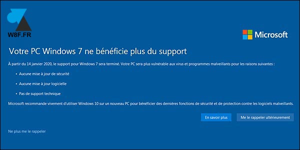Désactiver la notification de fin de support Windows 7