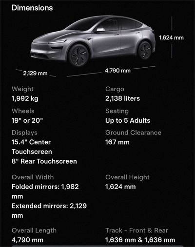 Tesla Model Y 2025 dimensions